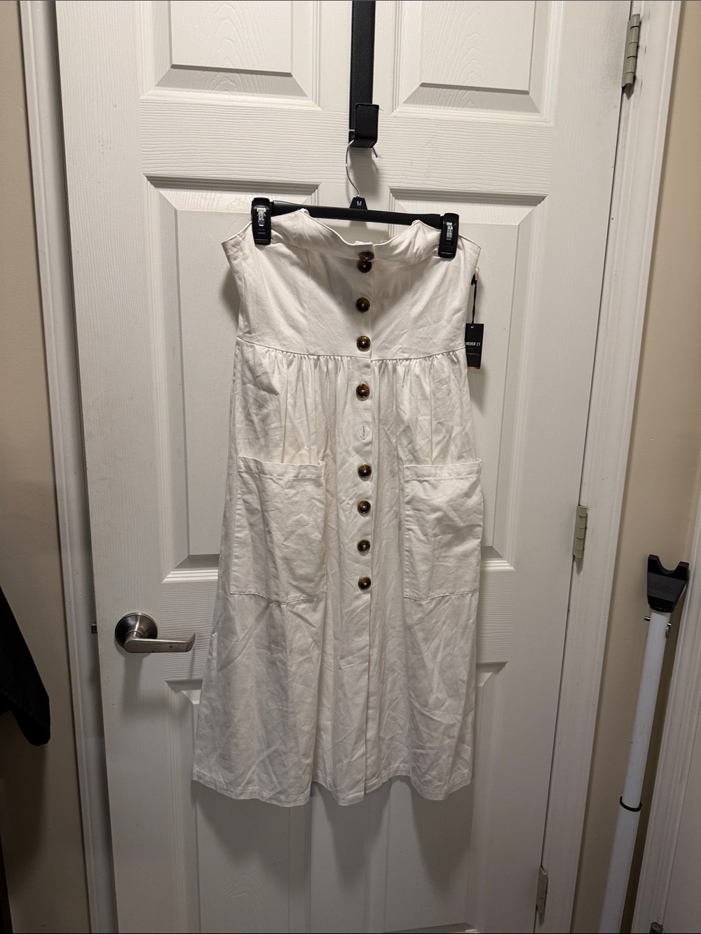 Forever 21 Strapless White Button-Front Midi Dress
